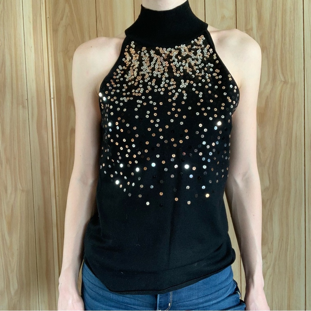 White House Black Market Black Sleeveless Sequin Halter Tank